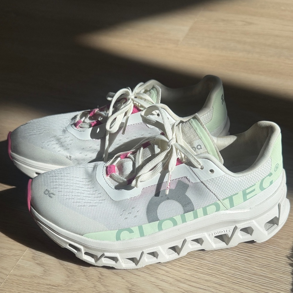 On Running Women's Cloudtec Sneakers - White and Pink with Green Accents